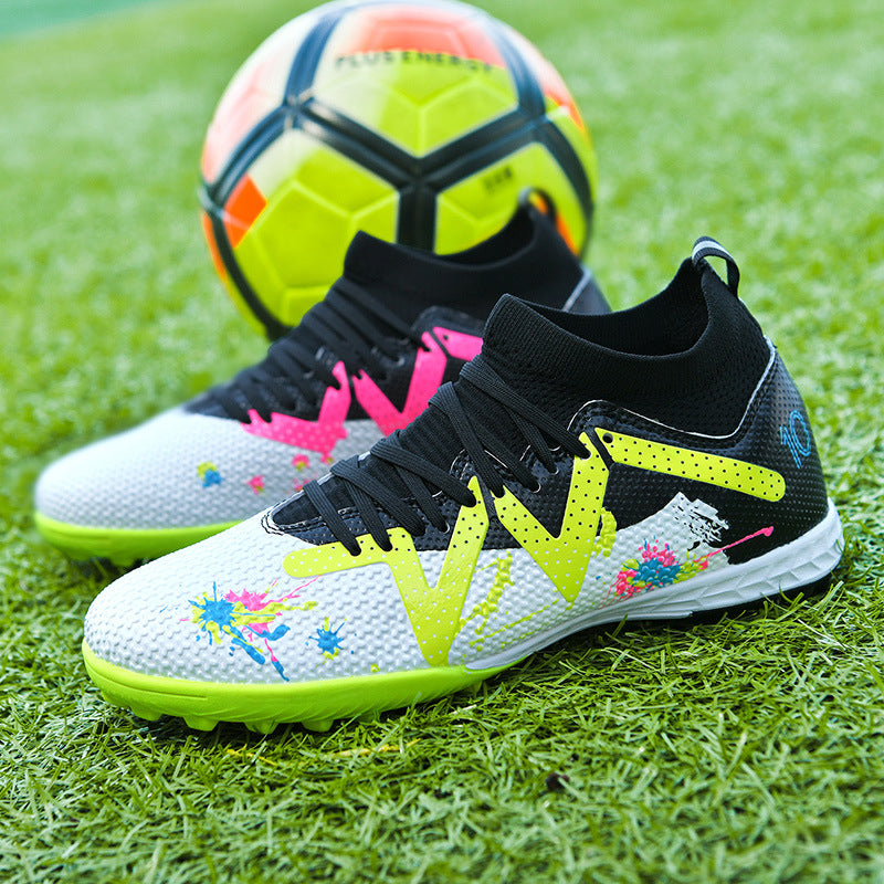 Professional Graffiti Soccer Cleats High Top Training Football Shoes for Men and Women Non Slip Athletic Turf Cleats Pink White
