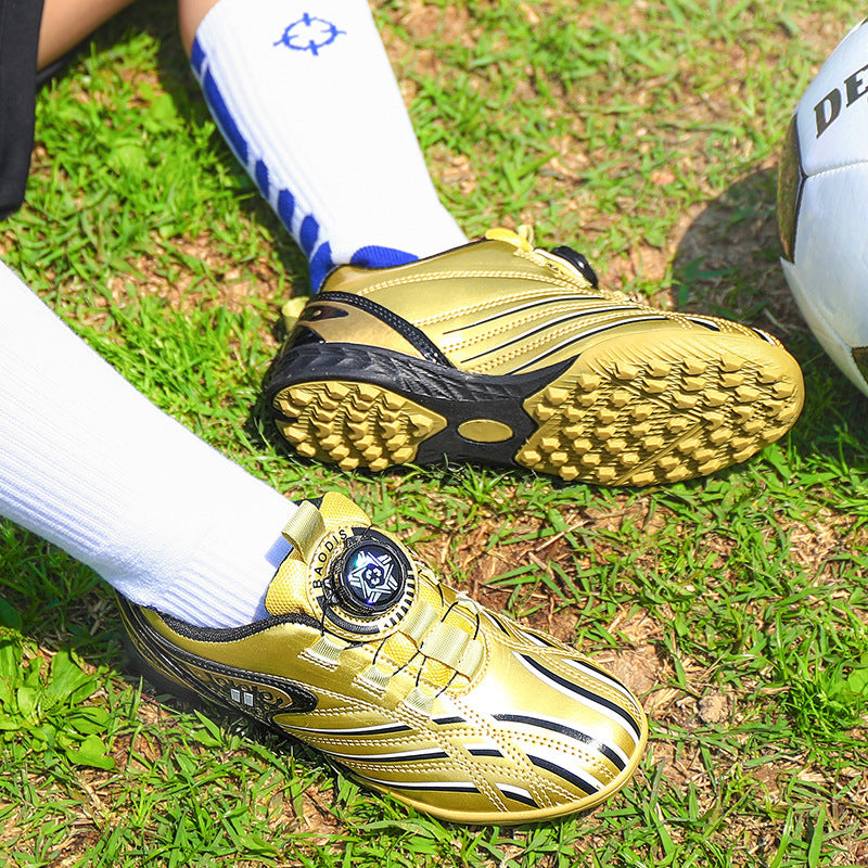 Kids Golden Turf Soccer Cleats Rotary Buckle Professional Youth Training Shoes Quick Dial Lacing System Premium Athletic Football Footwear TF Studs